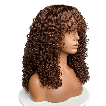 Chocolate Brown Curly Fringe Human Hair Wig (10 -12 Inches)