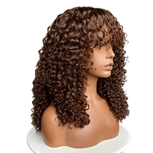 Chocolate Brown Curly Fringe Human Hair Wig (10 -12 Inches)
