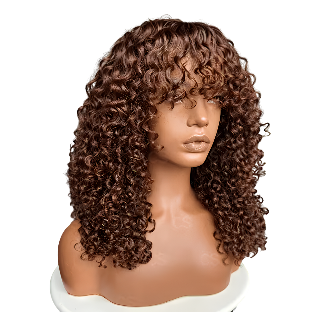 Chocolate Brown Curly Fringe Human Hair Wig (10 -12 Inches)