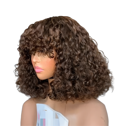 Chocolate Brown Curly Fringe Human Hair Wig (10 -12 Inches)