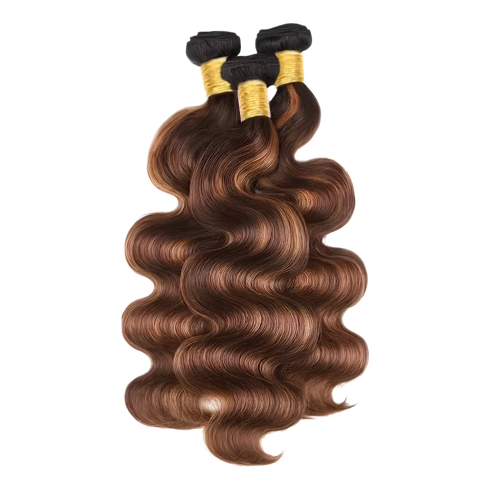 3-Piece Highlight Brown Ombre Body Wave Human Hair Bundles (10 - 30 Inches)
