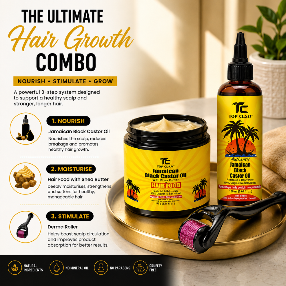Top Class Jamaican Black Castor Oil Hair Growth Kit – Hair Food, Castor Oil & Derma Roller Set