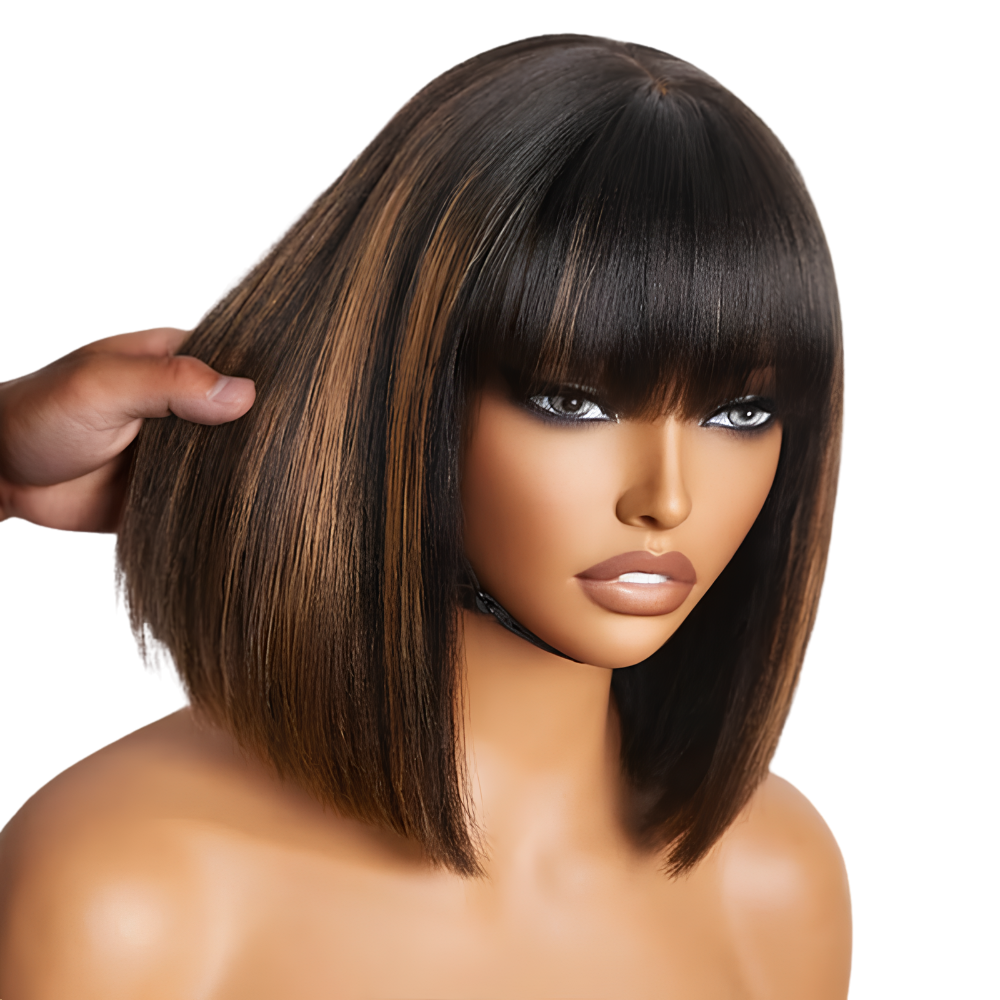Natural Black & Brown Fringe Bob Wig (08 - 12 Inches)