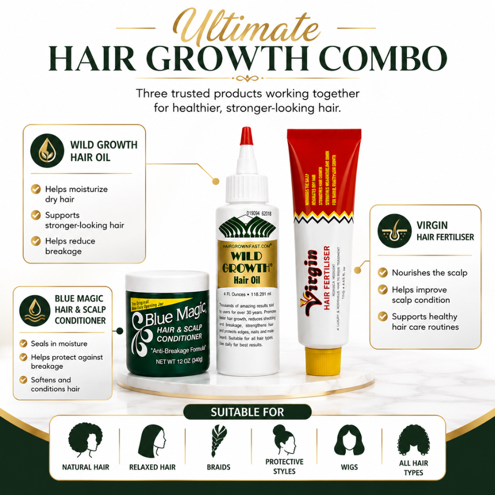 Ultimate Hair Growth Combo - Blue Magic Hair & Scalp Conditioner, Wild Growth Hair Oil, Virgin Hair Fertiliser