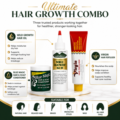 Ultimate Hair Growth Combo - Blue Magic Hair & Scalp Conditioner, Wild Growth Hair Oil, Virgin Hair Fertiliser