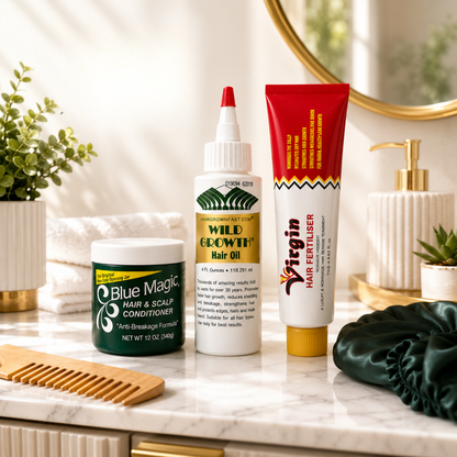 Ultimate Hair Growth Combo - Blue Magic Hair & Scalp Conditioner, Wild Growth Hair Oil, Virgin Hair Fertiliser