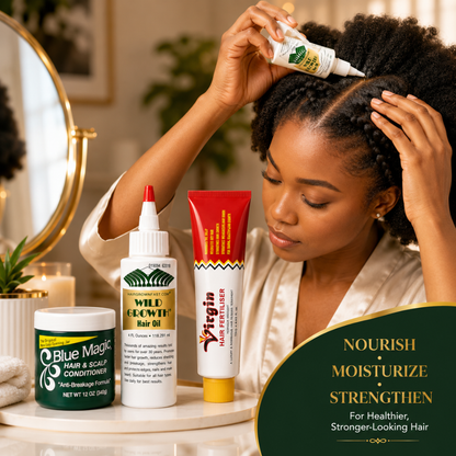Ultimate Hair Growth Combo - Blue Magic Hair & Scalp Conditioner, Wild Growth Hair Oil, Virgin Hair Fertiliser