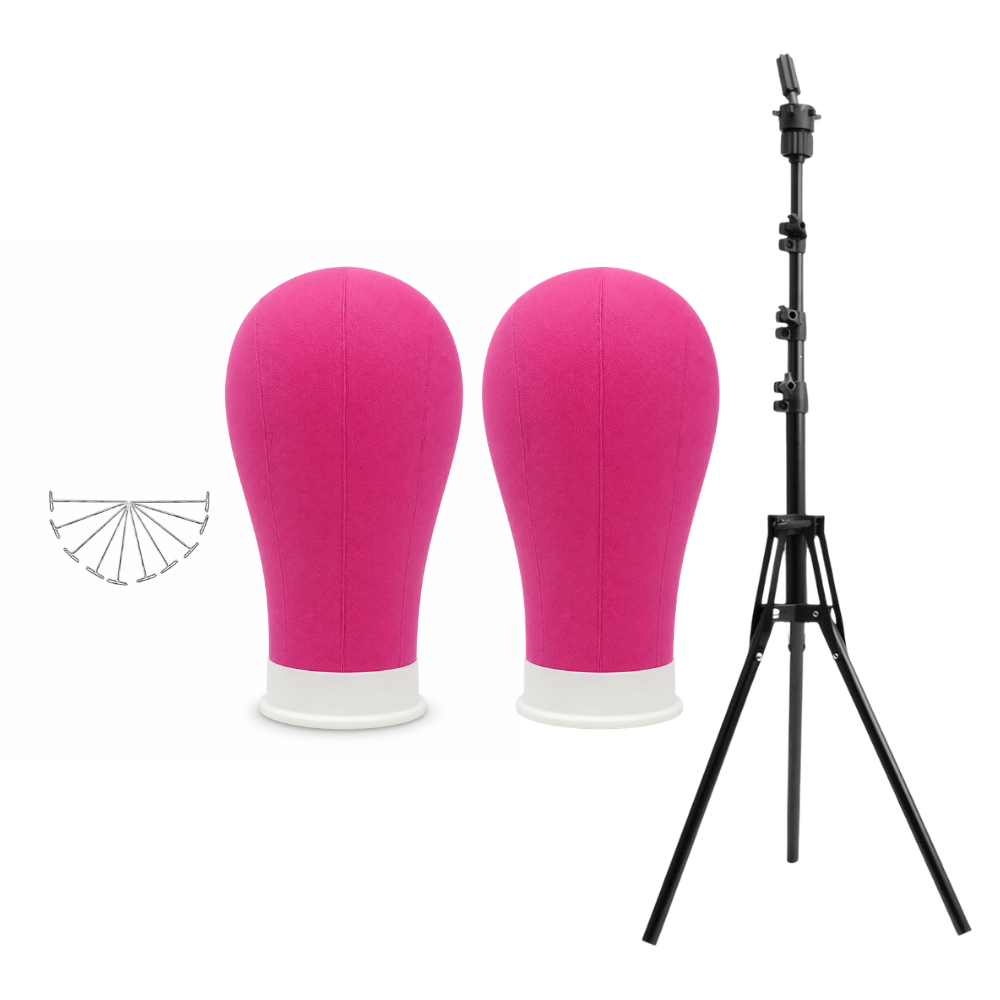 Premium Canvas Wig Mannequin Kit with Adjustable Stand (White, Pink & Black)