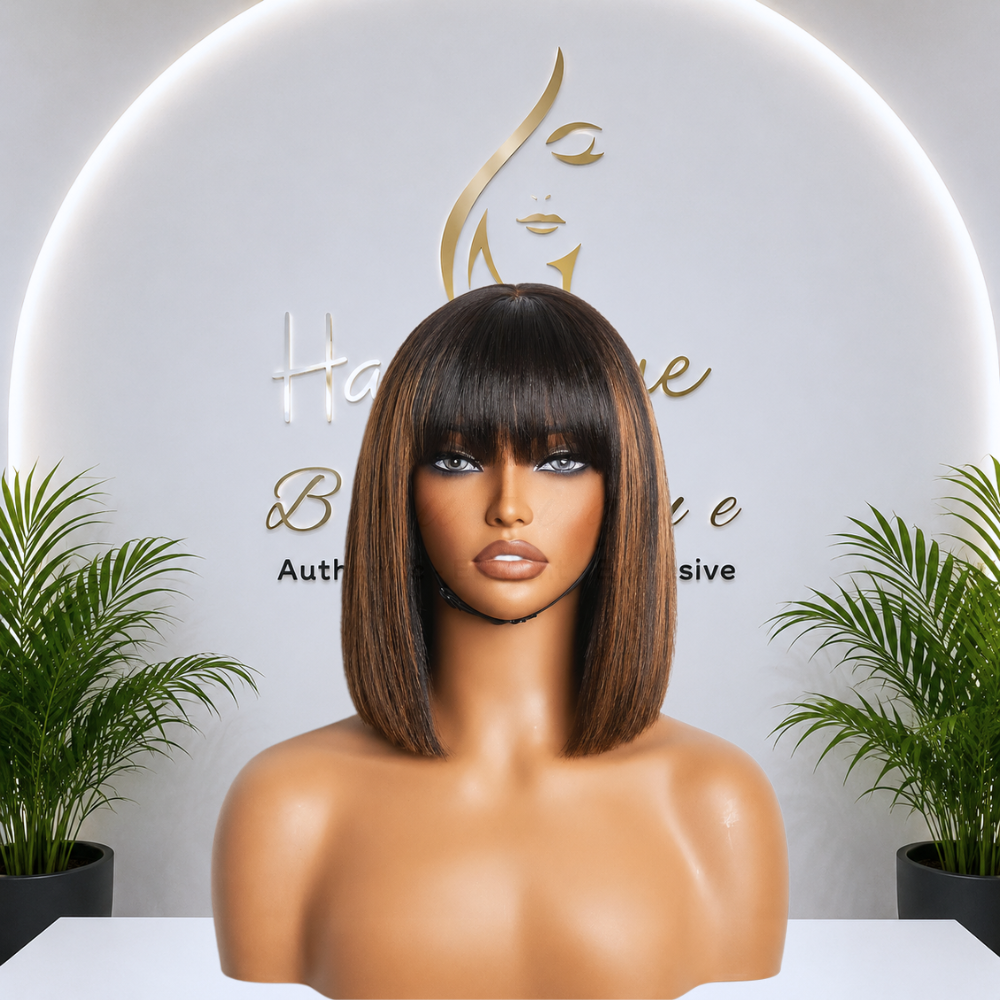 Natural Black & Brown Fringe Bob Wig (08 - 12 Inches)